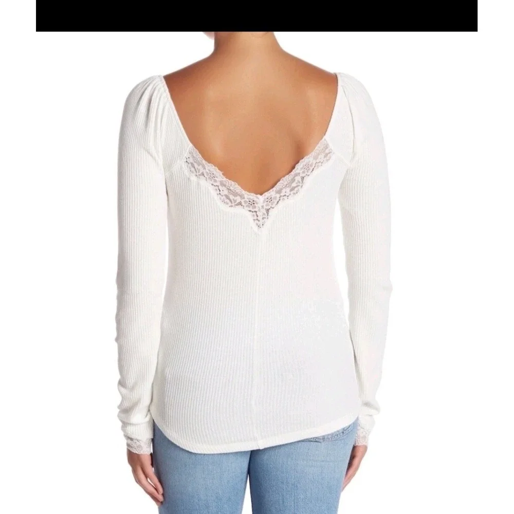 Free People To The West Lace‎ Long Sleeve Ribbed Henley Ivory Bella Babydoll L
